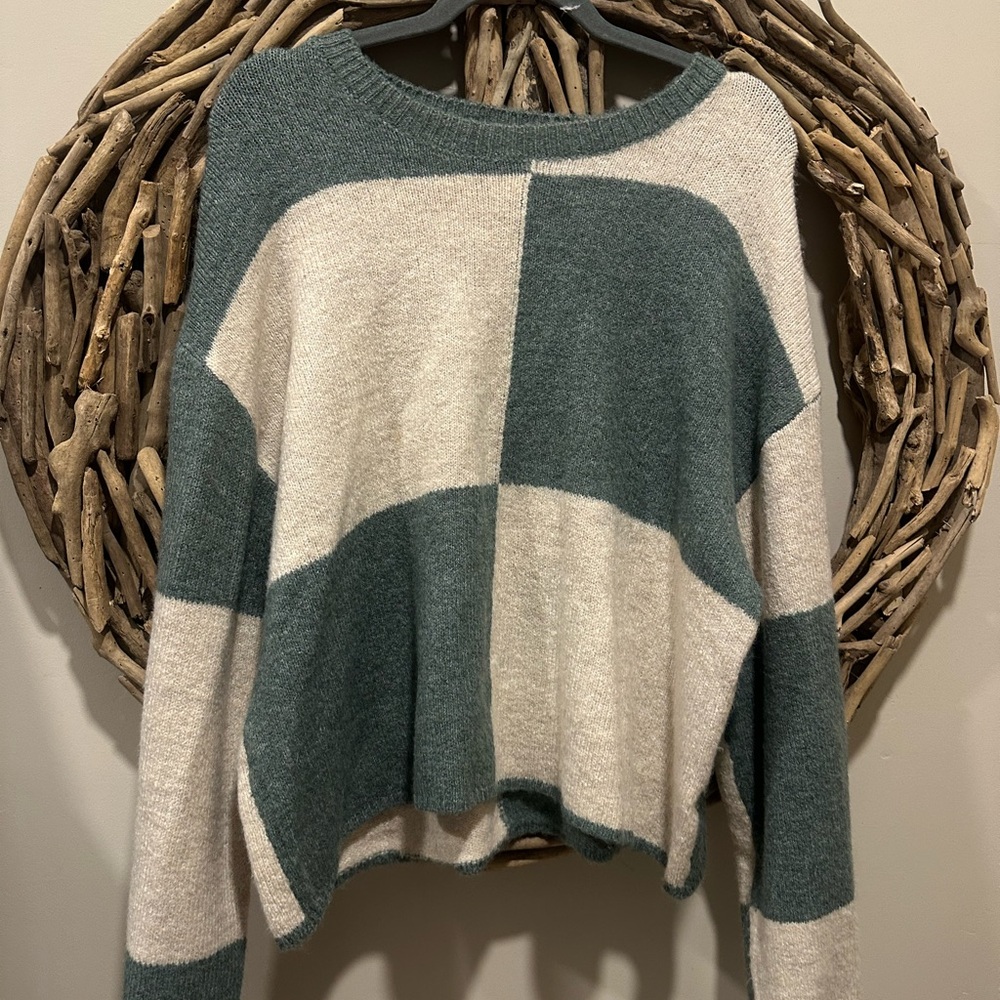 White Crow Green and Cream Block Sweater